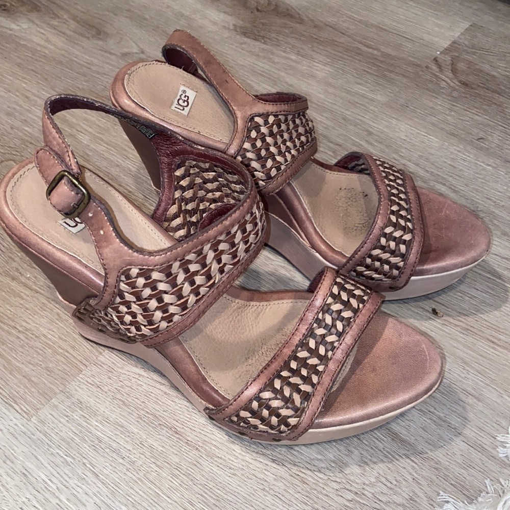 Ugg Asia Taupe Woven Leather Wedge Sandals